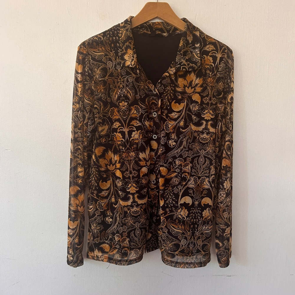 Jane + Delancey Mesh Top Women L Gold Black Floral Damask Button Up Academia
